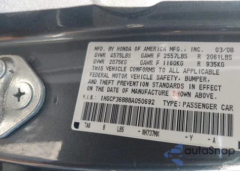 2008 Honda Accord 3.5 Ex-L z USA, uszkodzony, nr VIN 1HGCP36888A050692